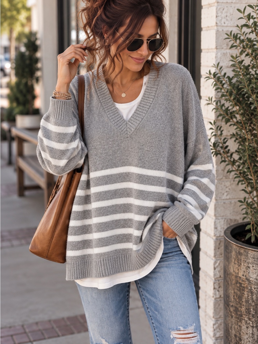 Design History Gray & White Striped V-Neck Sweater
